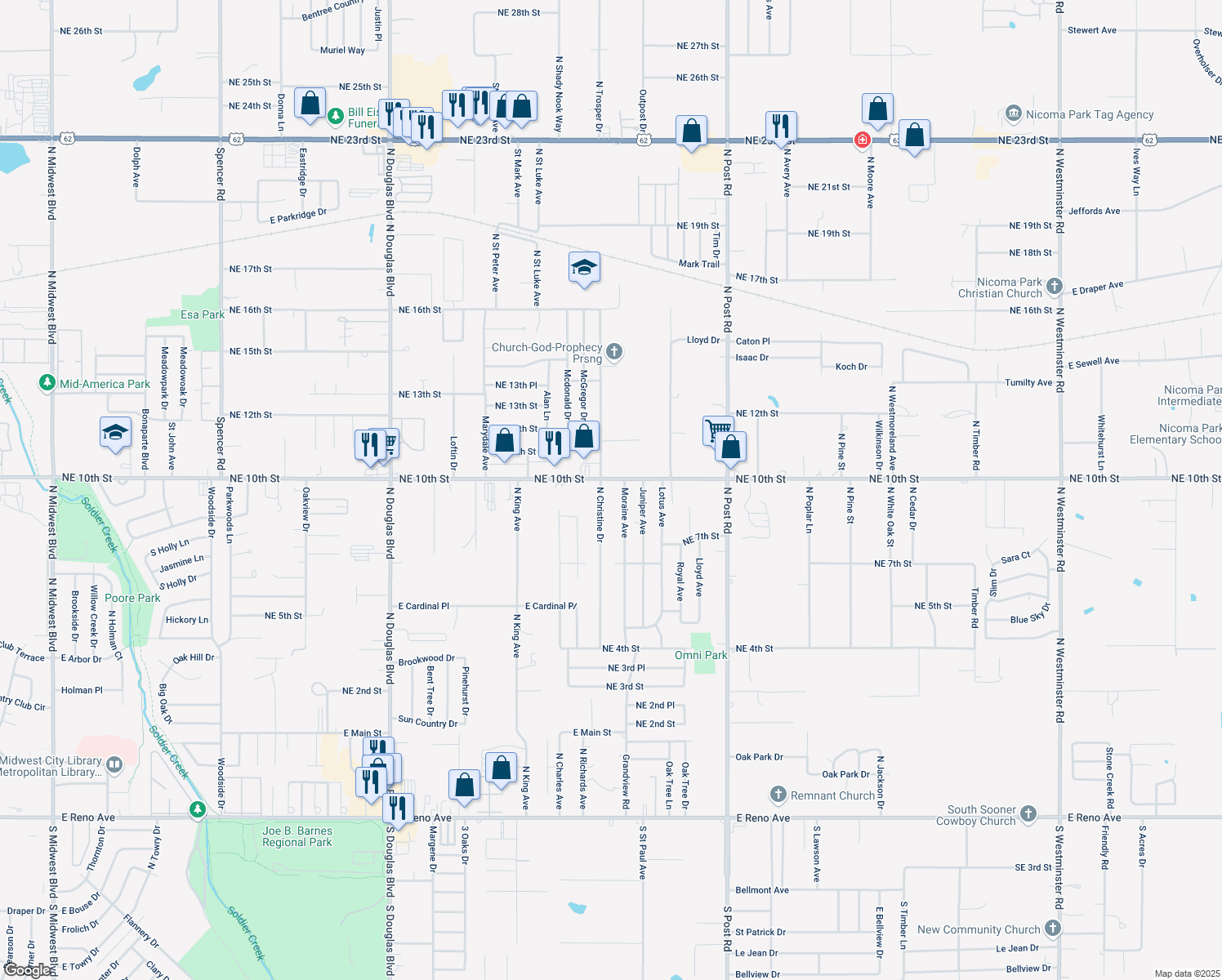 map of restaurants, bars, coffee shops, grocery stores, and more near 9604 Northeast 10th Street in Midwest City