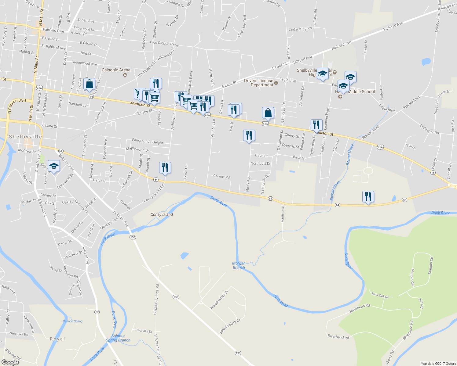 map of restaurants, bars, coffee shops, grocery stores, and more near 1420 Garrett Road in Shelbyville