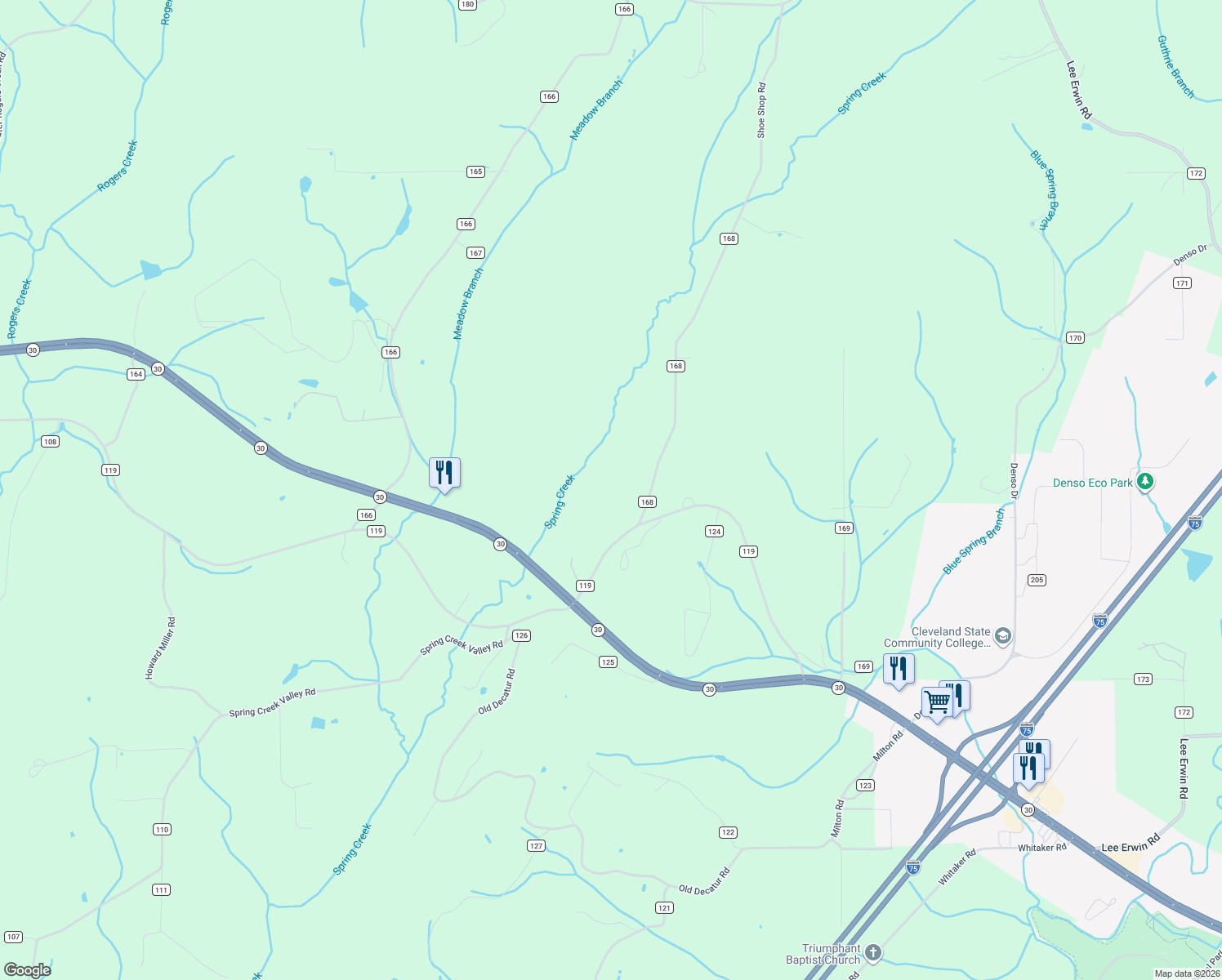 map of restaurants, bars, coffee shops, grocery stores, and more near 108 County Road 168 in Athens