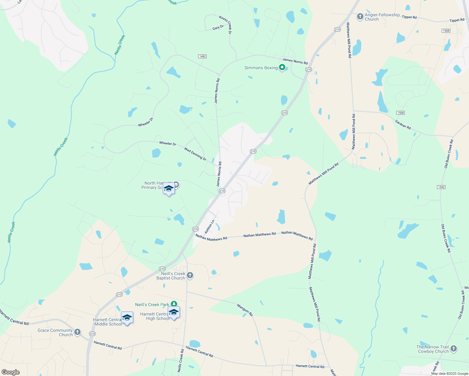 map of restaurants, bars, coffee shops, grocery stores, and more near 57 Planters Glen Drive in Angier