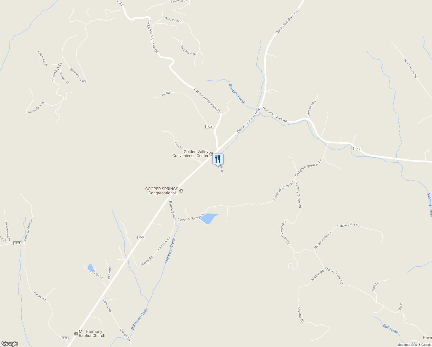 map of restaurants, bars, coffee shops, grocery stores, and more near 143 Golden Hill Drive in Bostic