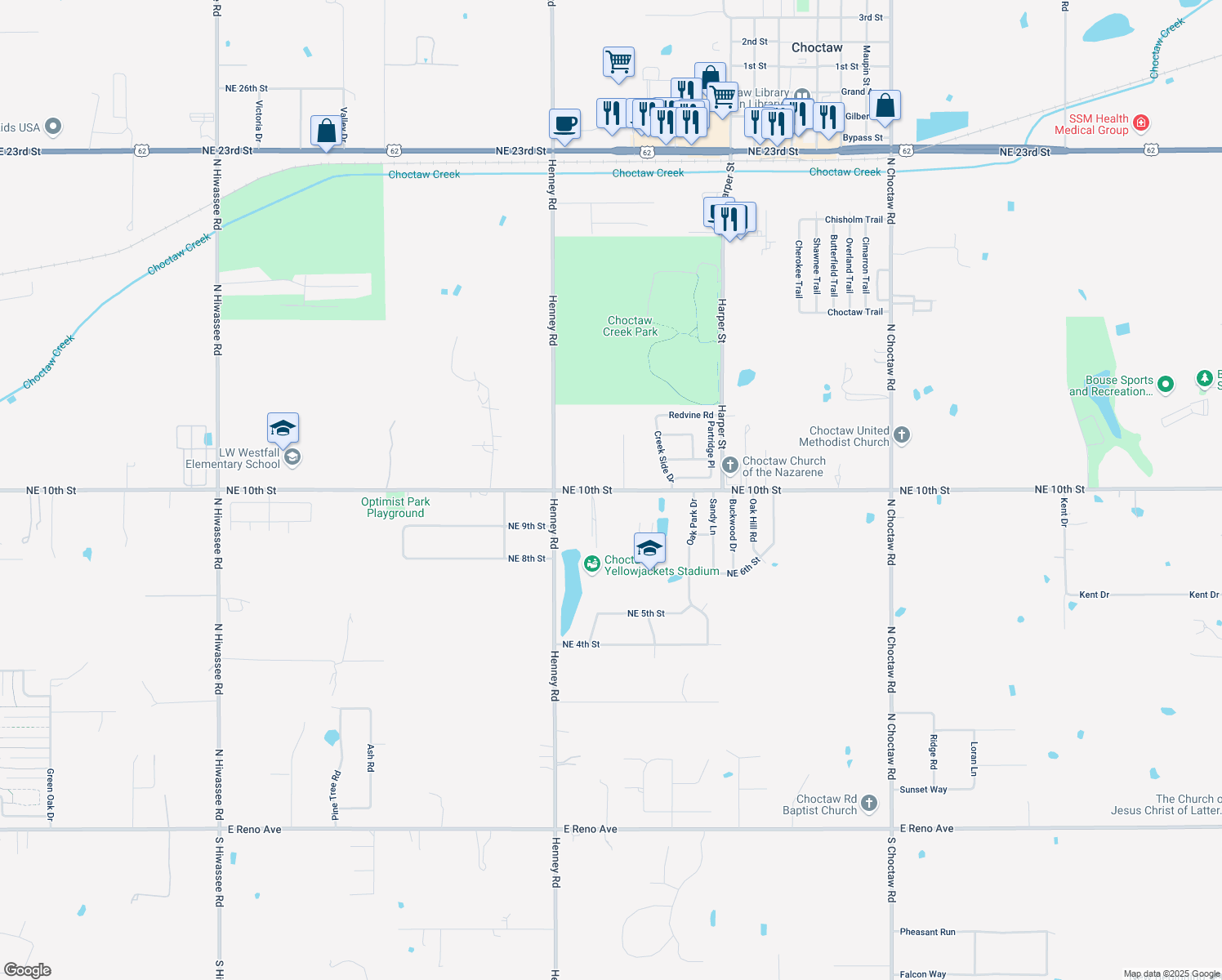 map of restaurants, bars, coffee shops, grocery stores, and more near 14253 Northeast 10th Street in Choctaw