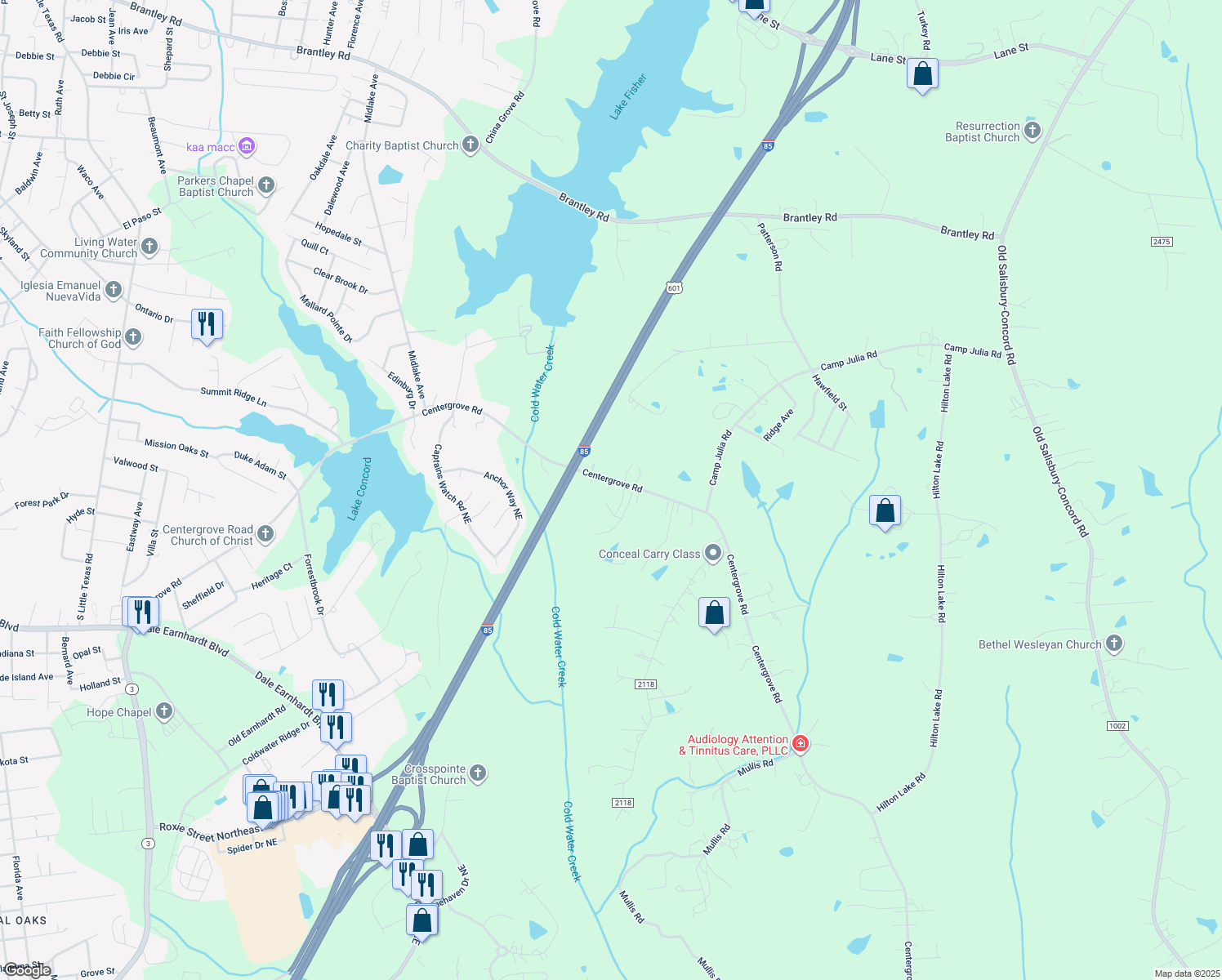 map of restaurants, bars, coffee shops, grocery stores, and more near 2620 Centergrove Road in Kannapolis