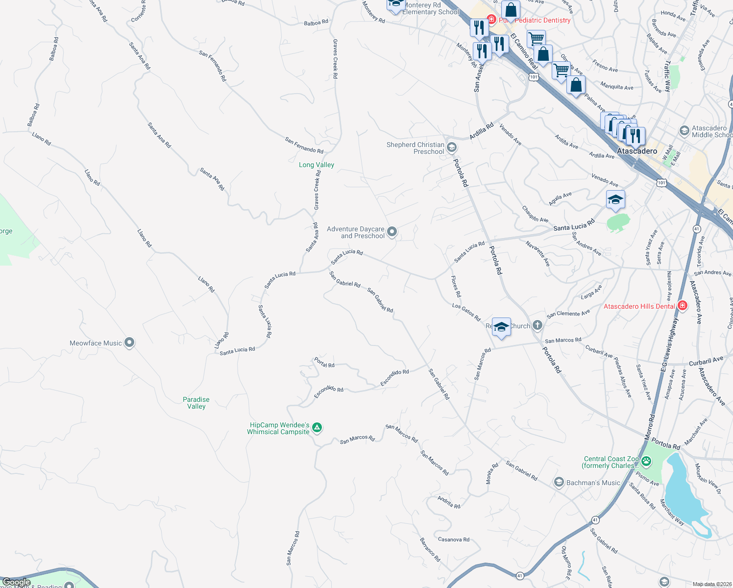 map of restaurants, bars, coffee shops, grocery stores, and more near 6335 San Gabriel Road in Atascadero