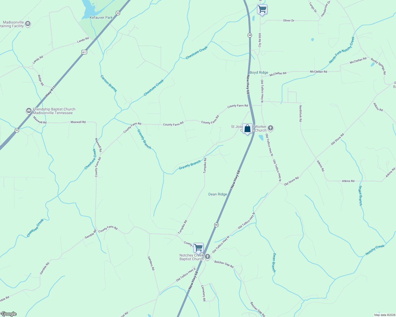 map of restaurants, bars, coffee shops, grocery stores, and more near 130 Hunters Ridge in Madisonville