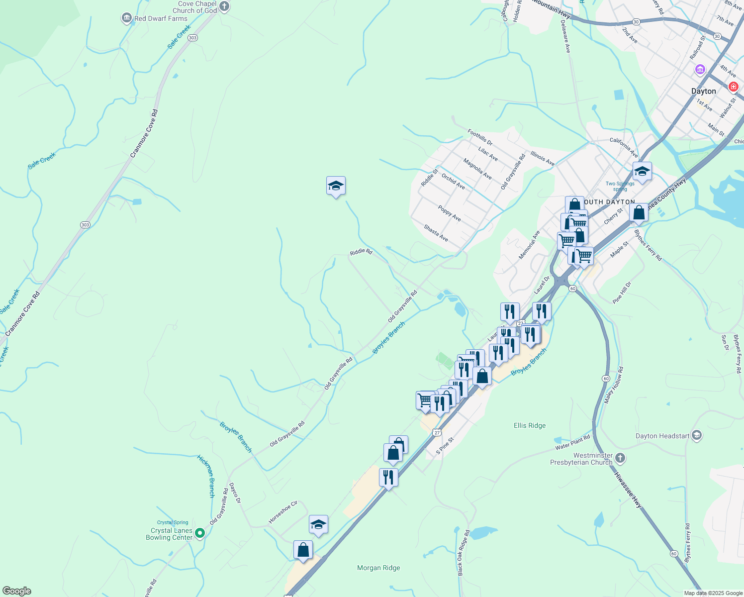 map of restaurants, bars, coffee shops, grocery stores, and more near 690 Riddle Road in Dayton