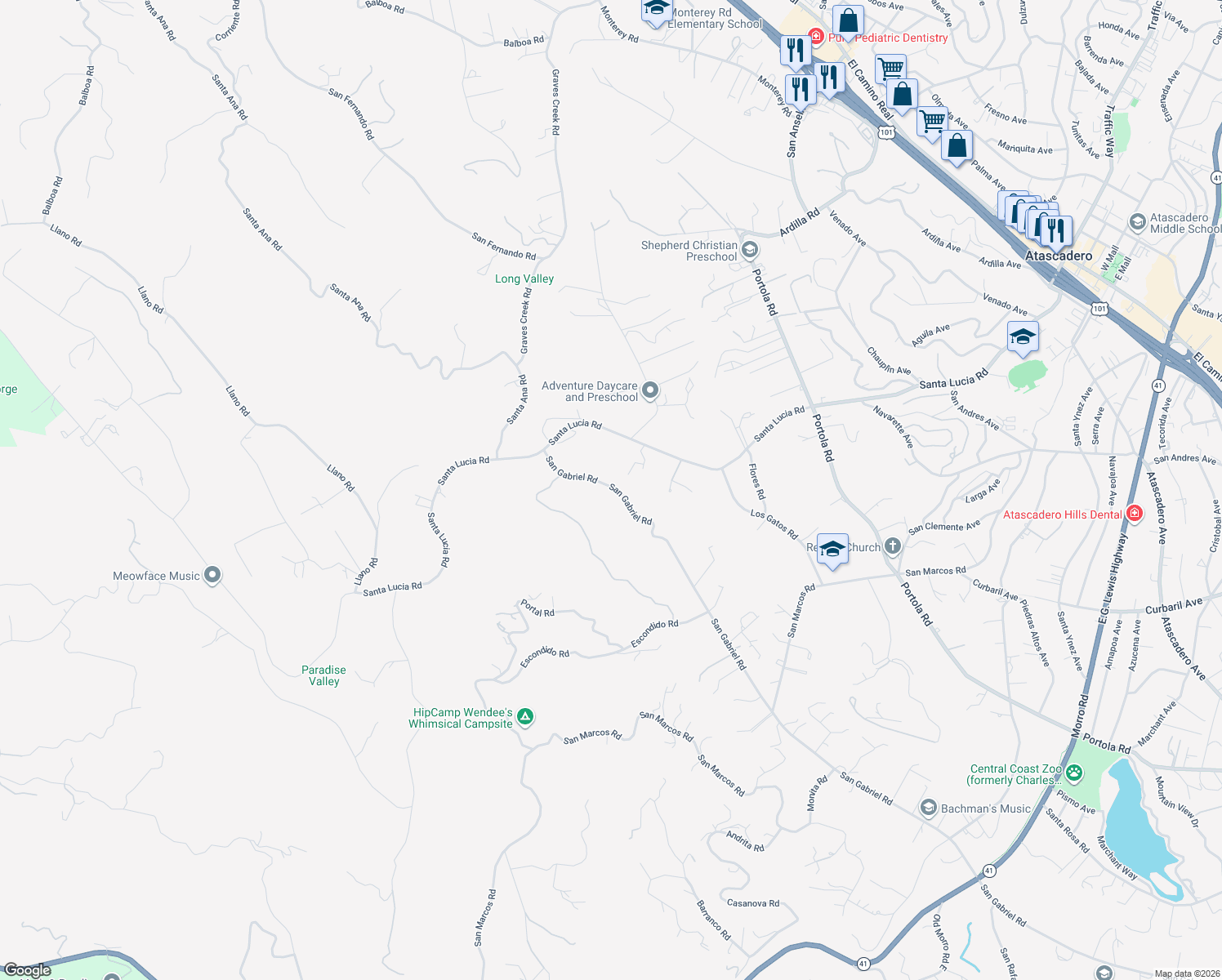 map of restaurants, bars, coffee shops, grocery stores, and more near 6335 San Gabriel Road in Atascadero