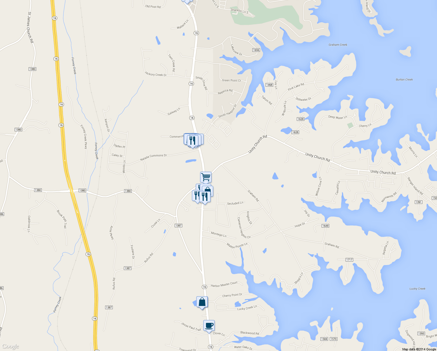 map of restaurants, bars, coffee shops, grocery stores, and more near 7958 Unity Church Road in Denver