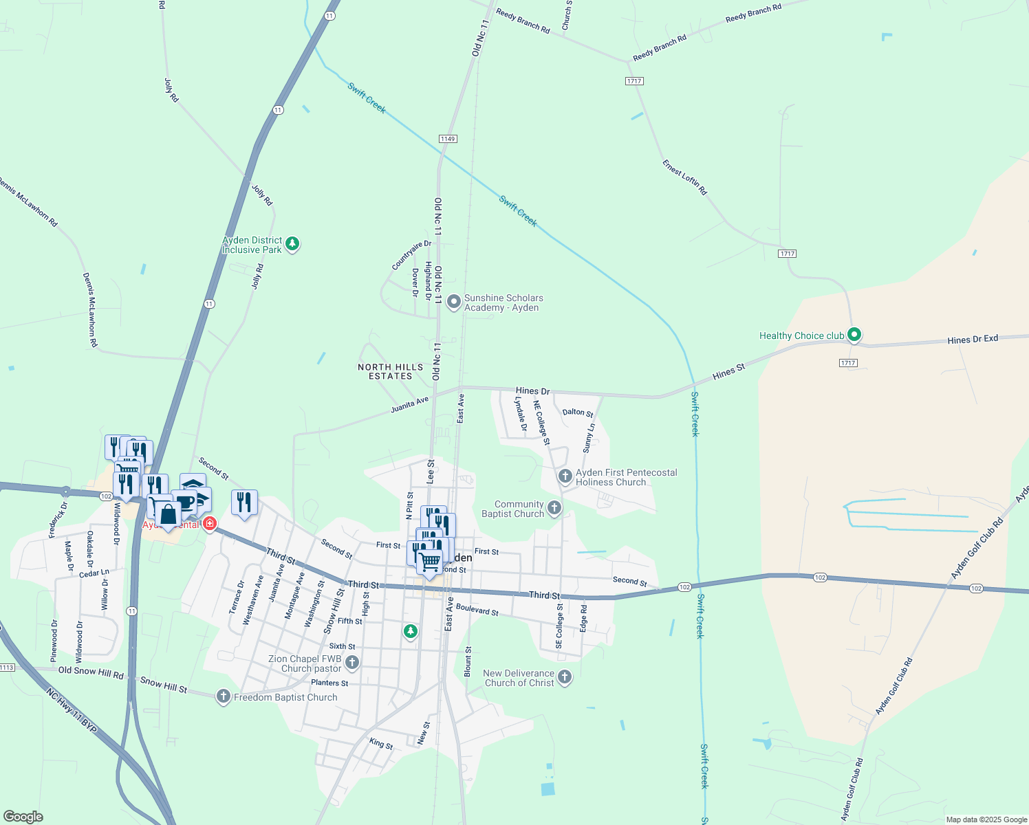 map of restaurants, bars, coffee shops, grocery stores, and more near 3930 Lyndale Drive in Ayden