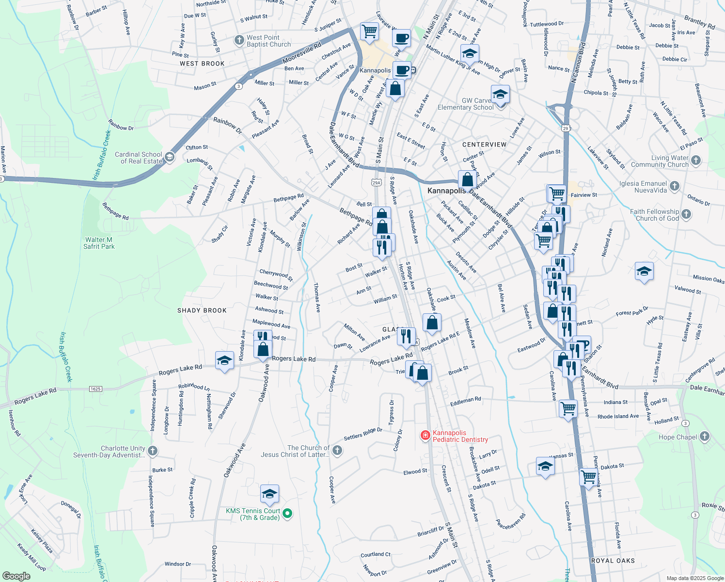 map of restaurants, bars, coffee shops, grocery stores, and more near Ann Street in Kannapolis