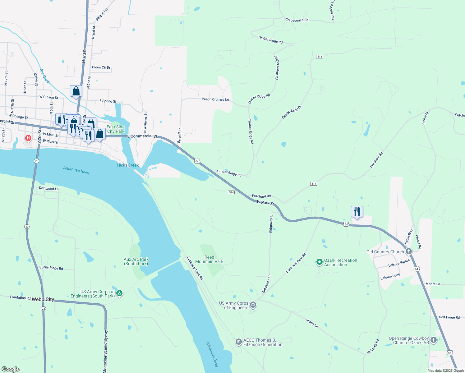 map of restaurants, bars, coffee shops, grocery stores, and more near West Park Street in Ozark