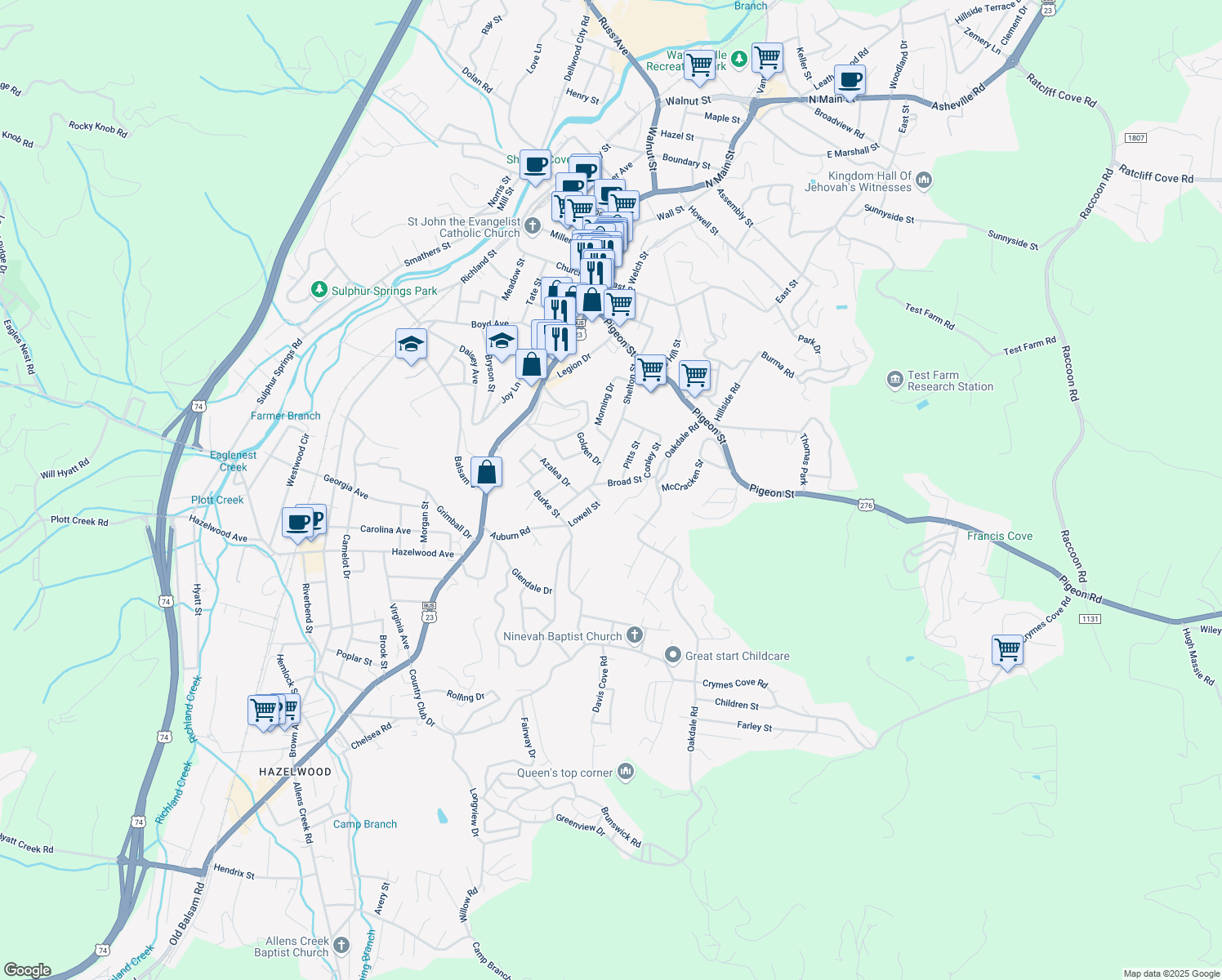 map of restaurants, bars, coffee shops, grocery stores, and more near 52 Broad Street in Waynesville