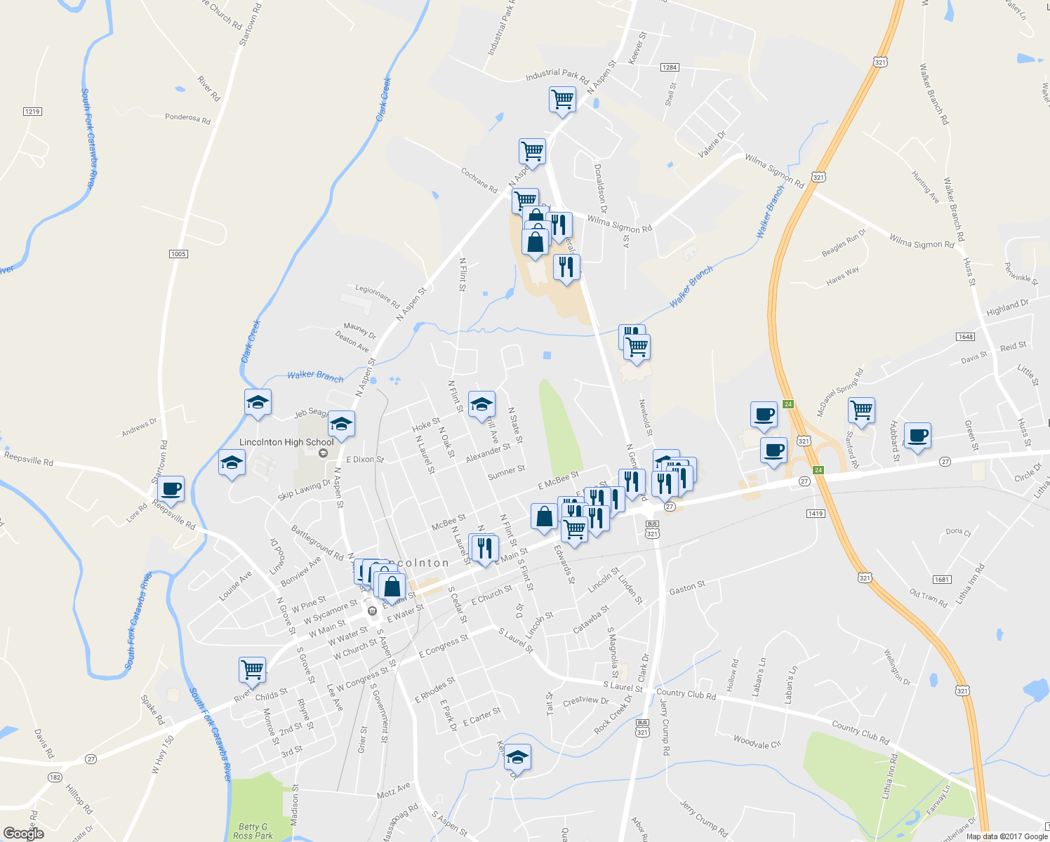 map of restaurants, bars, coffee shops, grocery stores, and more near 624 North State Street in Lincolnton