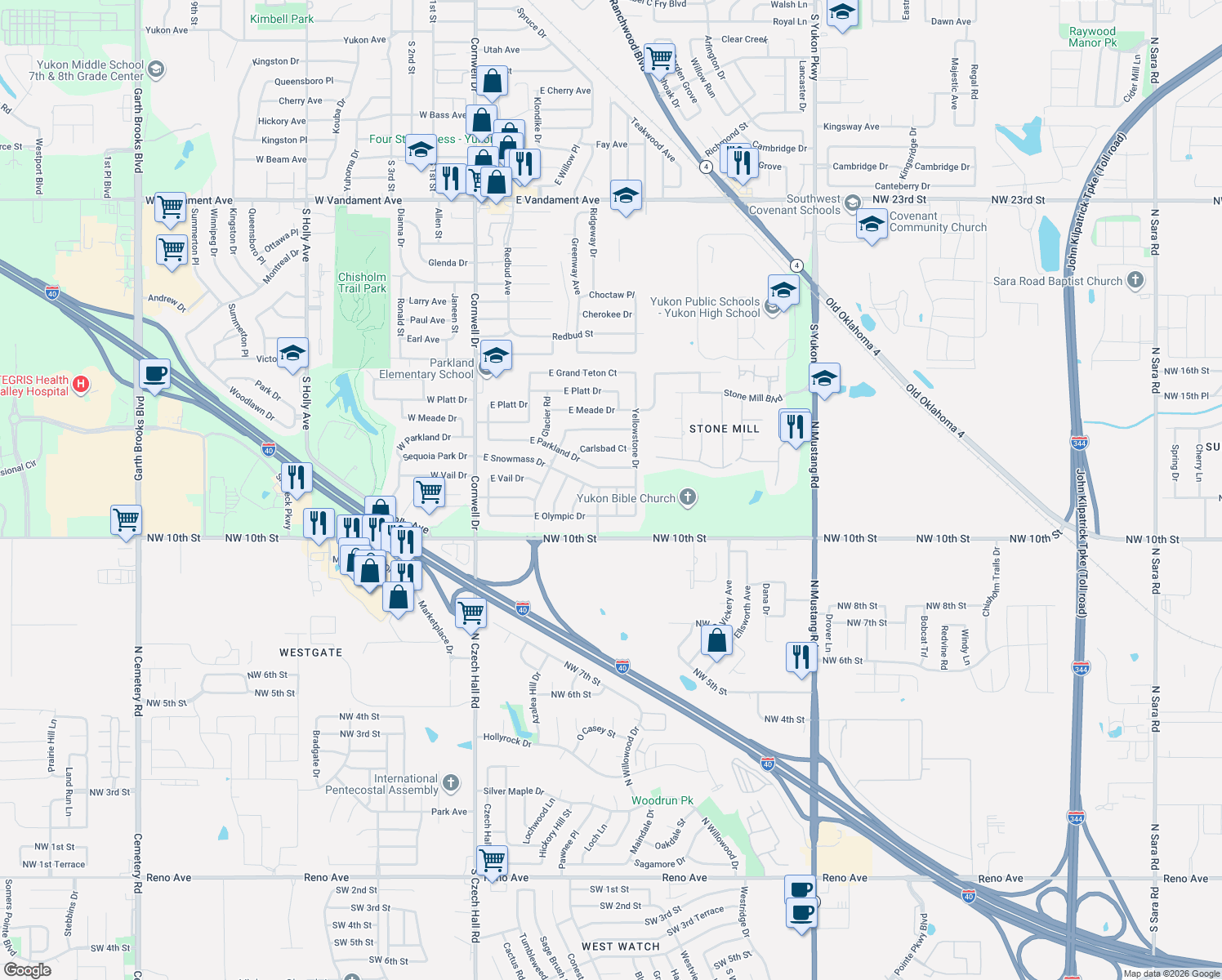 map of restaurants, bars, coffee shops, grocery stores, and more near 2401 Acadia Court in Yukon