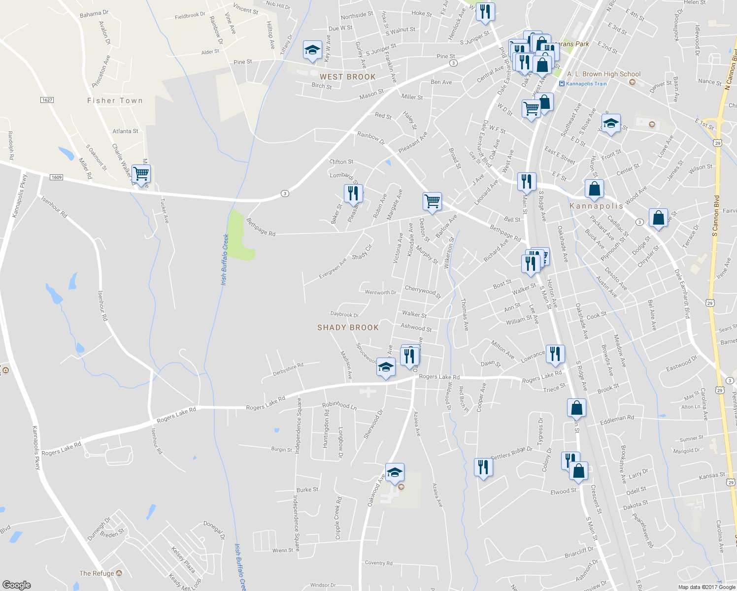 map of restaurants, bars, coffee shops, grocery stores, and more near 1015 Wentworth Drive in Kannapolis