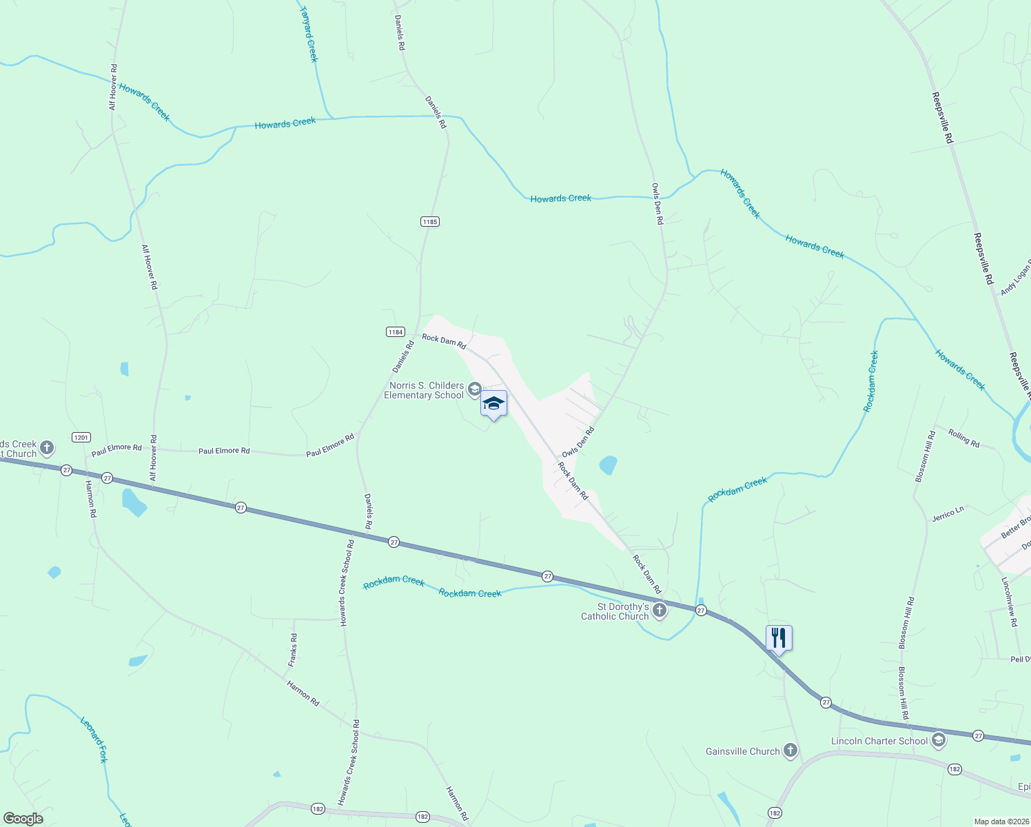 map of restaurants, bars, coffee shops, grocery stores, and more near 2565 Rock Dam Road in Lincolnton
