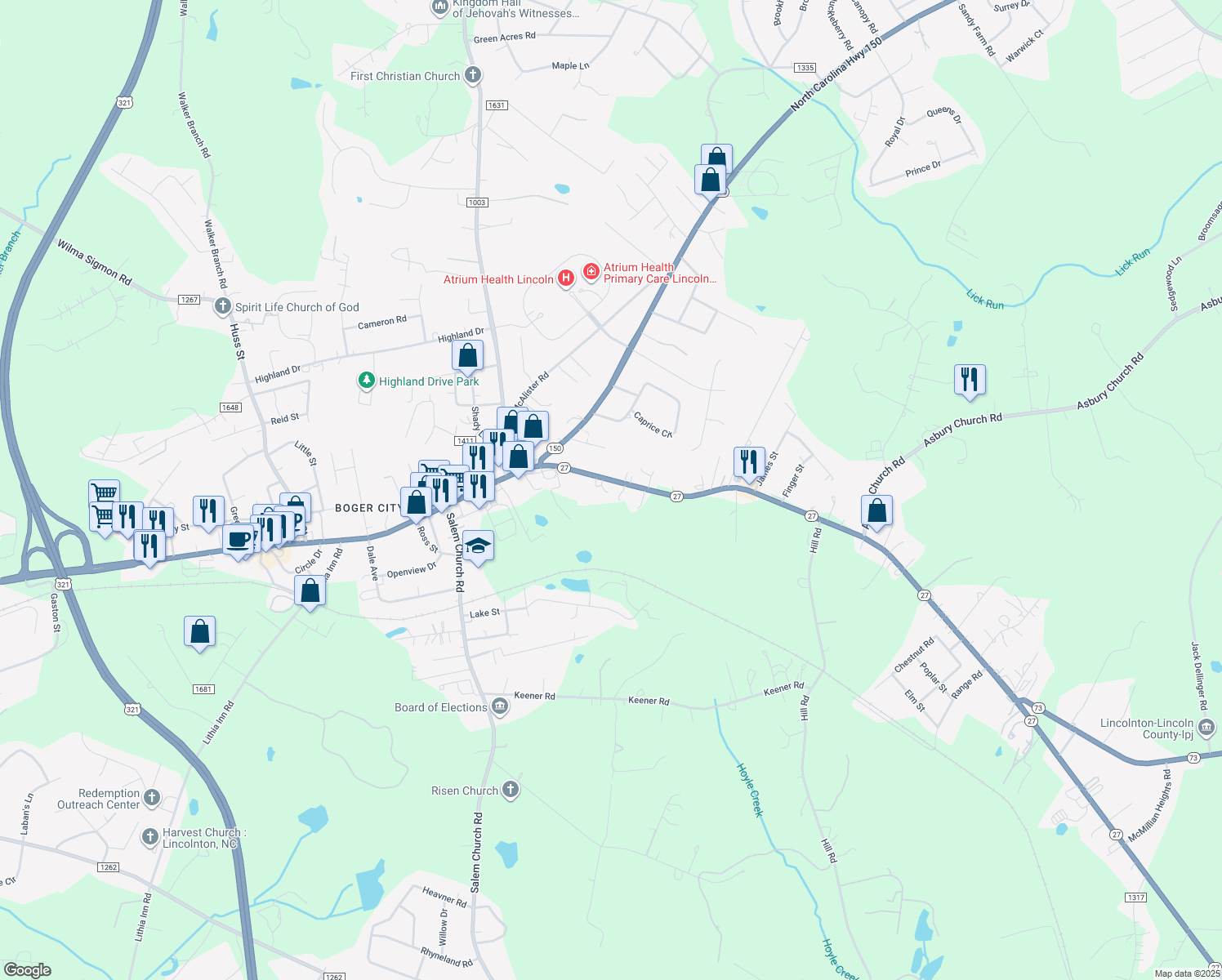 map of restaurants, bars, coffee shops, grocery stores, and more near 2830 North Carolina 27 in Lincolnton