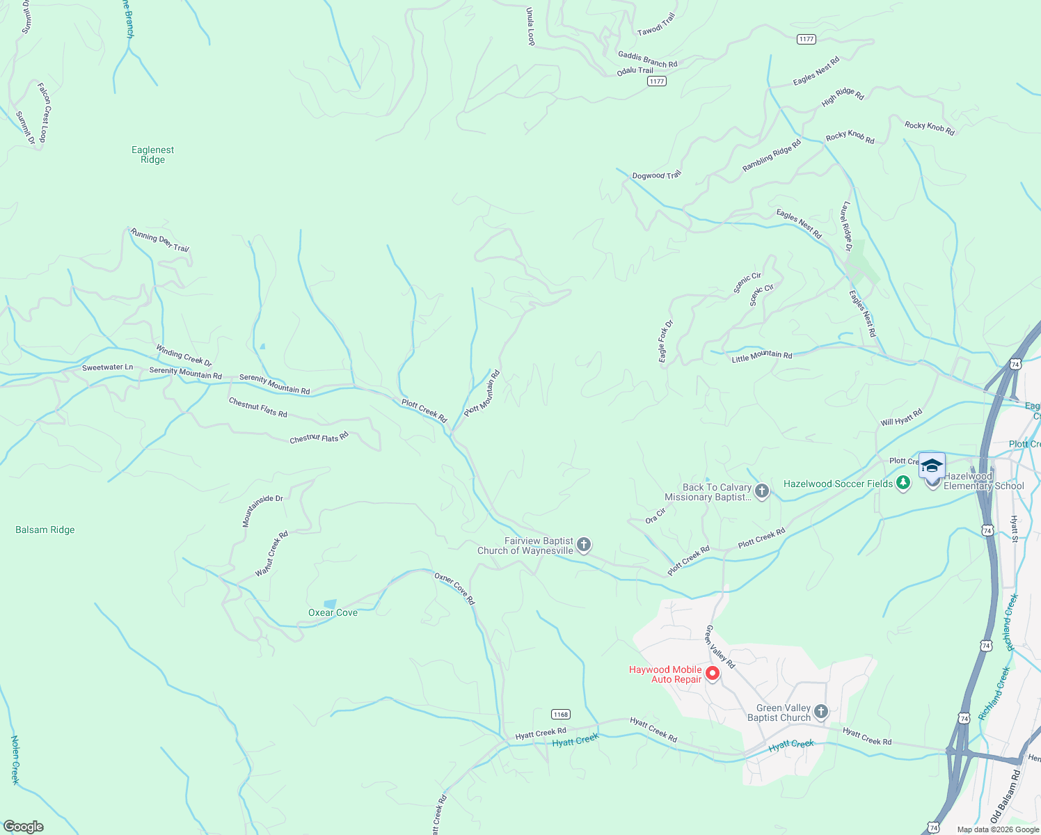 map of restaurants, bars, coffee shops, grocery stores, and more near 274 Raymond Drive in Waynesville