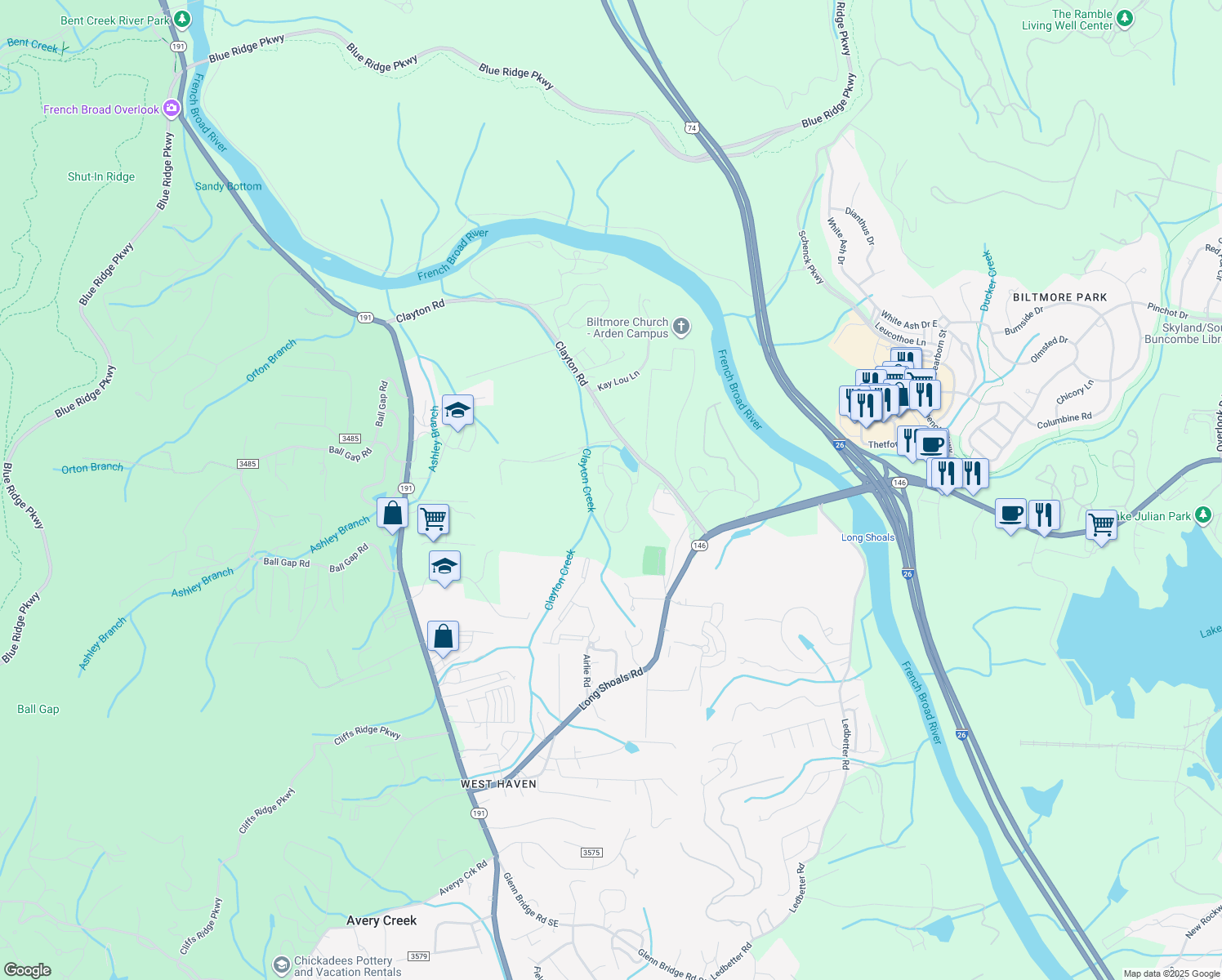 map of restaurants, bars, coffee shops, grocery stores, and more near 109 Roberts Lake Circle in Arden