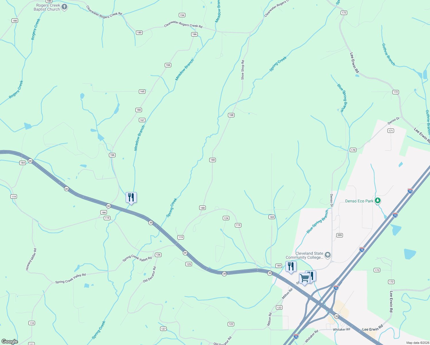 map of restaurants, bars, coffee shops, grocery stores, and more near 179 County Road 168 in Athens