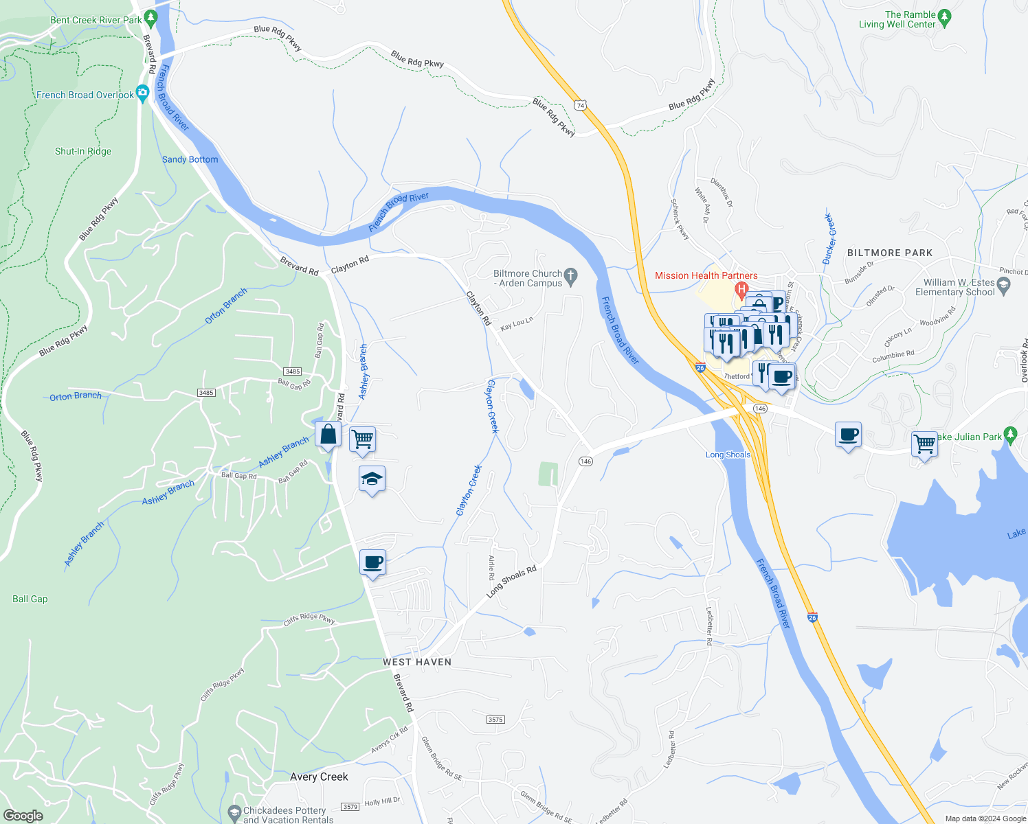 map of restaurants, bars, coffee shops, grocery stores, and more near 104 Roberts Lake Circle in Arden
