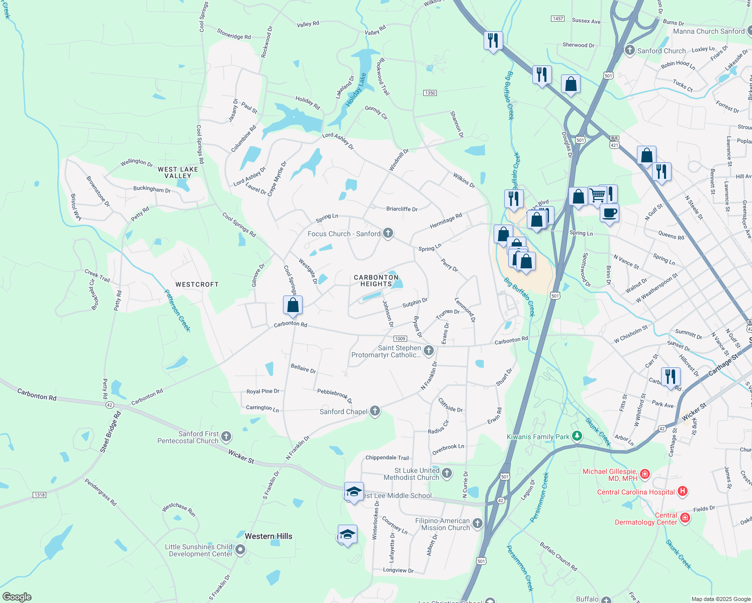 map of restaurants, bars, coffee shops, grocery stores, and more near 2107 S Shoreline Dr in Sanford