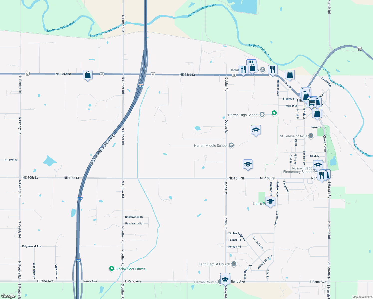 map of restaurants, bars, coffee shops, grocery stores, and more near 19618 Linda Ln in Harrah