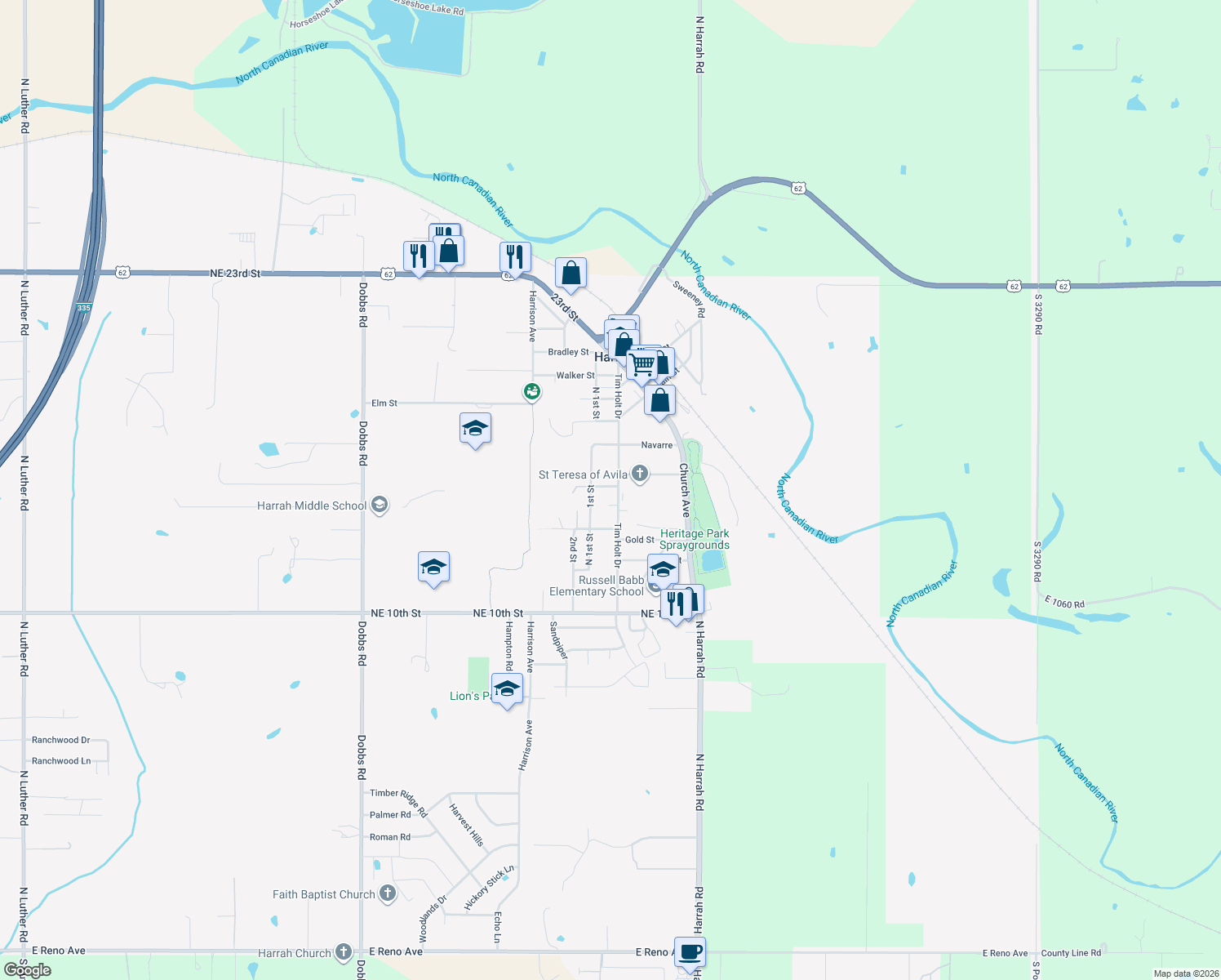 map of restaurants, bars, coffee shops, grocery stores, and more near 1569 Tim Holt Drive in Harrah