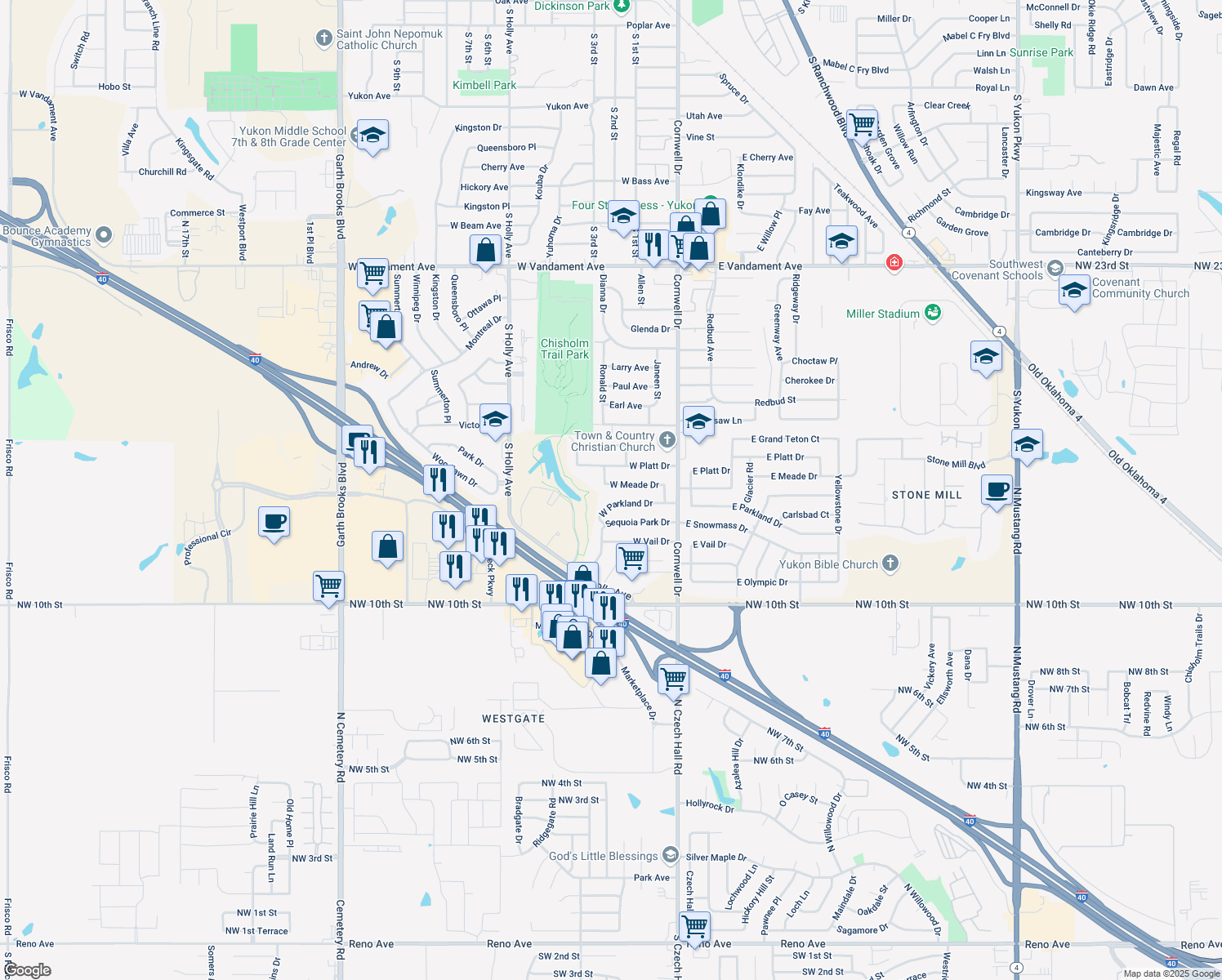 map of restaurants, bars, coffee shops, grocery stores, and more near 212 W Meade Dr in Yukon