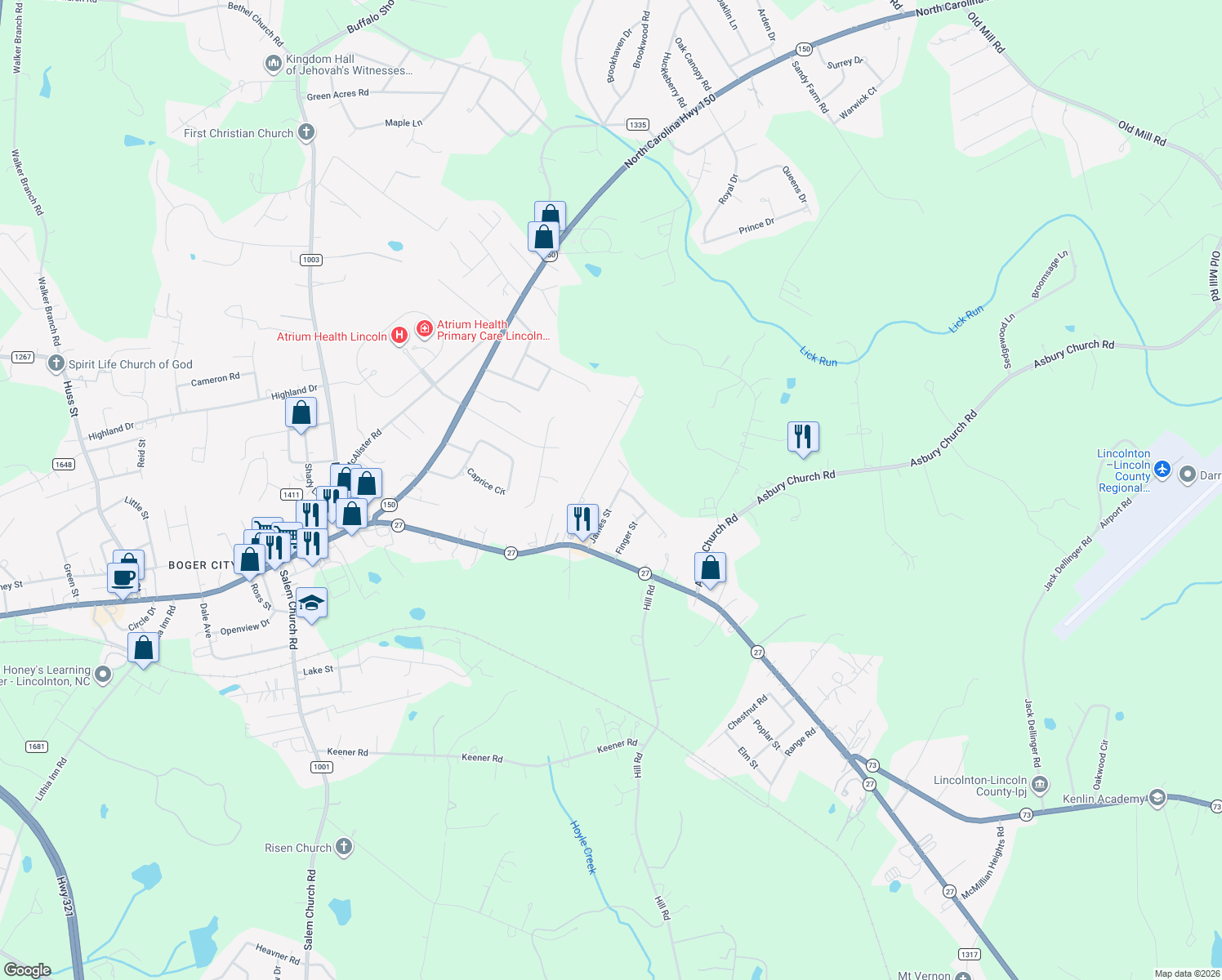 map of restaurants, bars, coffee shops, grocery stores, and more near 199 James Street in Lincolnton