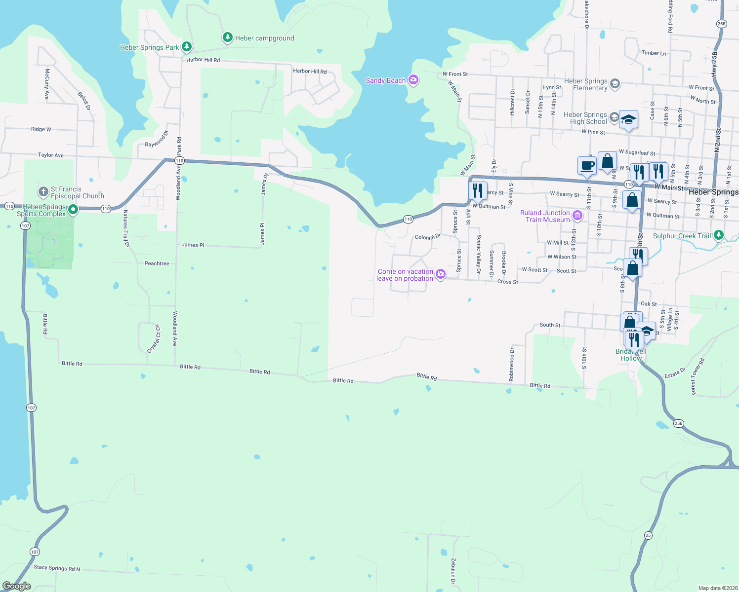 map of restaurants, bars, coffee shops, grocery stores, and more near 916 Fox Run Road in Heber Springs