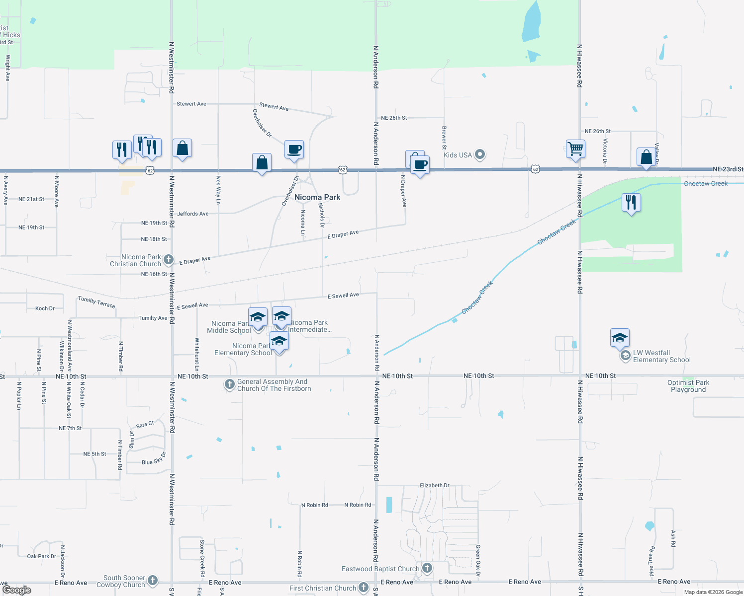 map of restaurants, bars, coffee shops, grocery stores, and more near 1515 N Anderson Rd in Choctaw