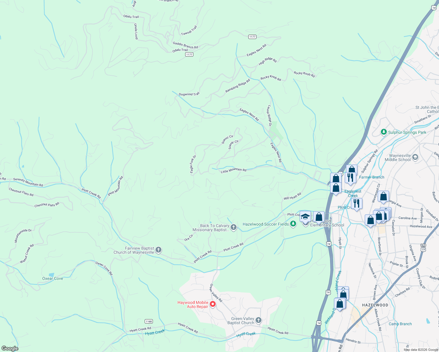map of restaurants, bars, coffee shops, grocery stores, and more near 525 Little Mountain Road in Waynesville