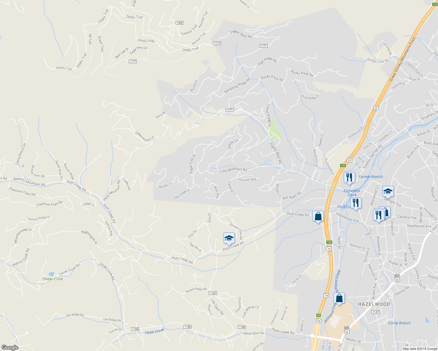 map of restaurants, bars, coffee shops, grocery stores, and more near 525 Little Mountain Road in Waynesville