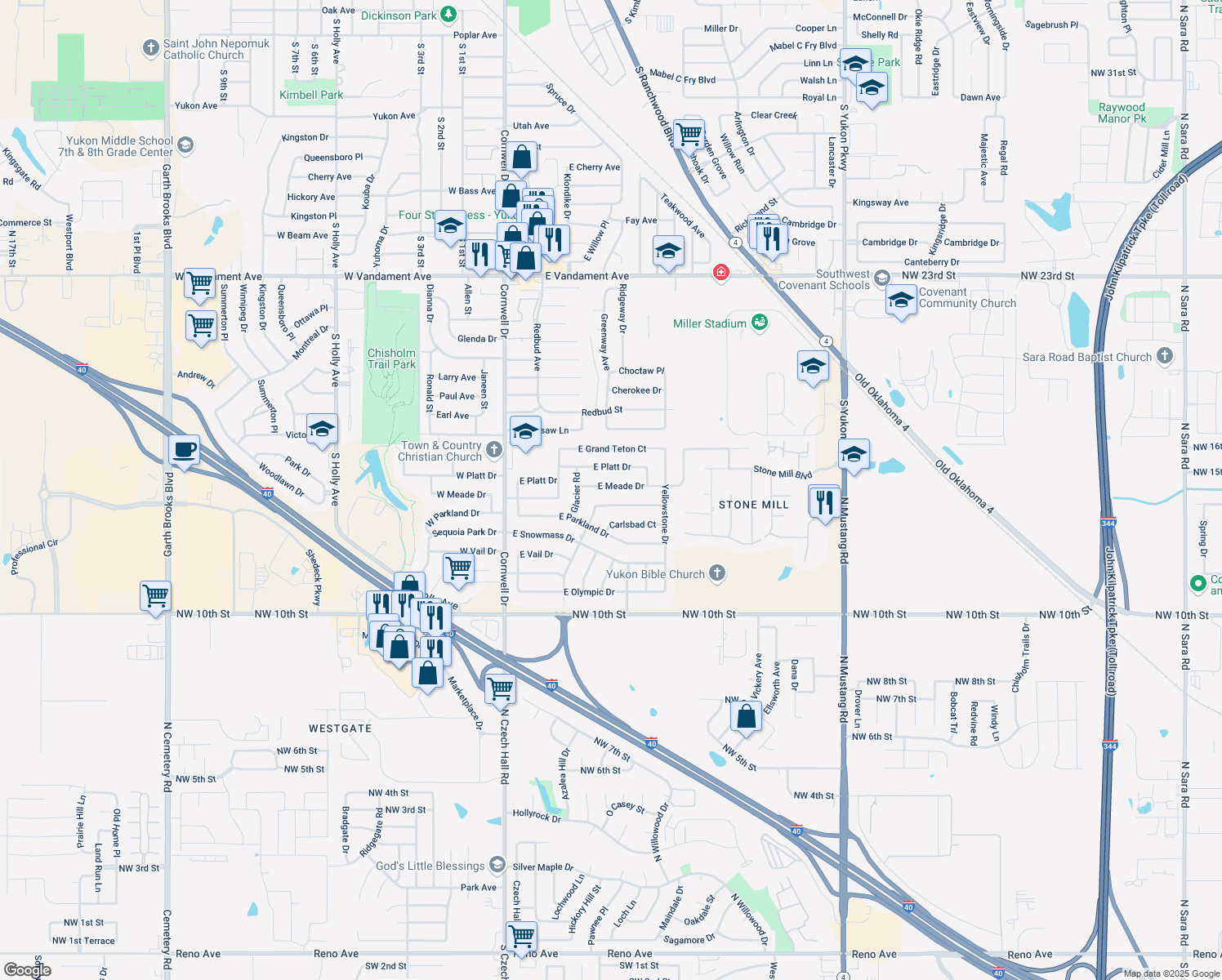 map of restaurants, bars, coffee shops, grocery stores, and more near 300 East Meade Drive in Yukon