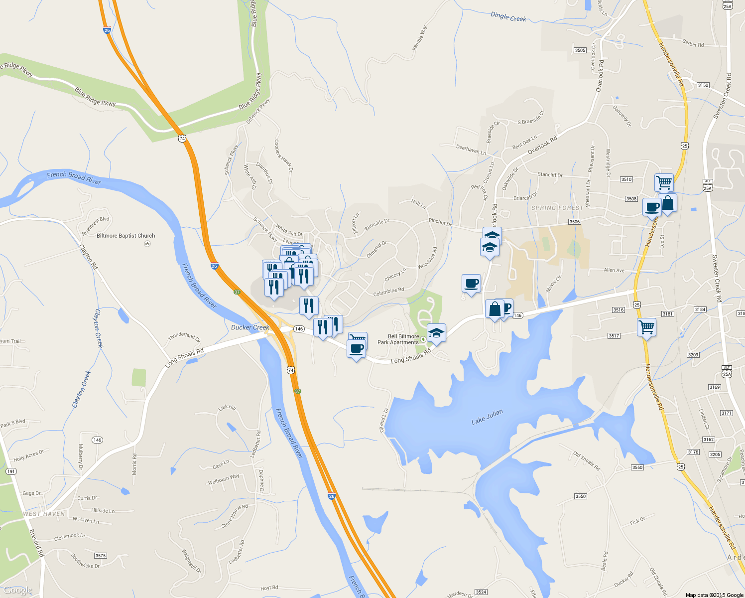 map of restaurants, bars, coffee shops, grocery stores, and more near 1056 Columbine Road in Asheville