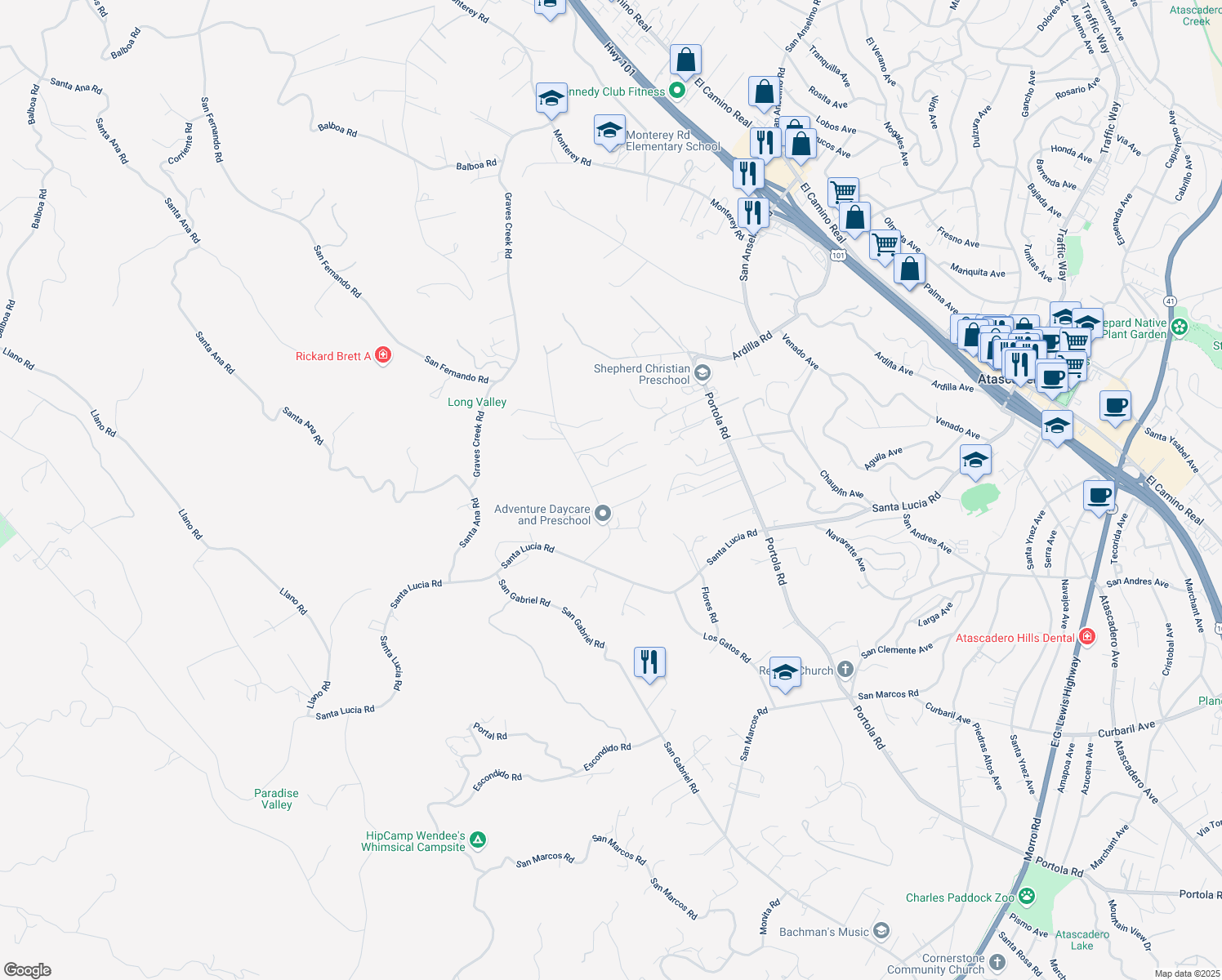 map of restaurants, bars, coffee shops, grocery stores, and more near 5801 Cascabel Road in Atascadero