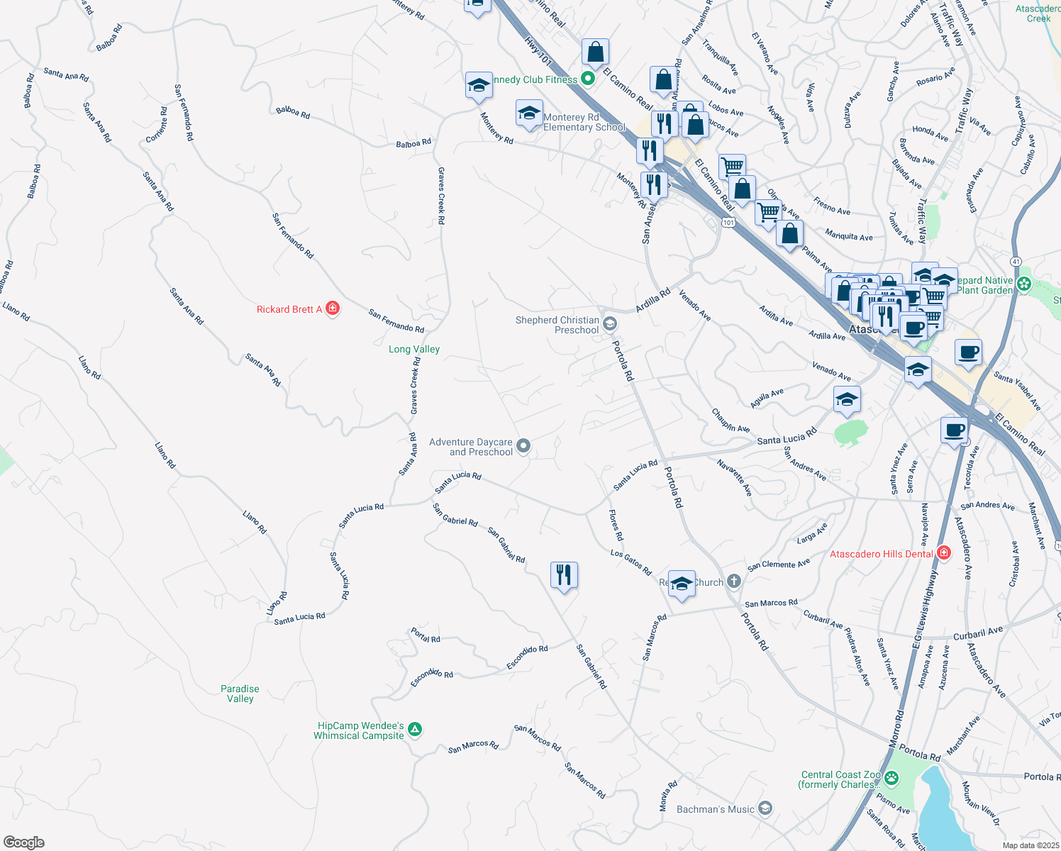 map of restaurants, bars, coffee shops, grocery stores, and more near 5801 Cascabel Road in Atascadero