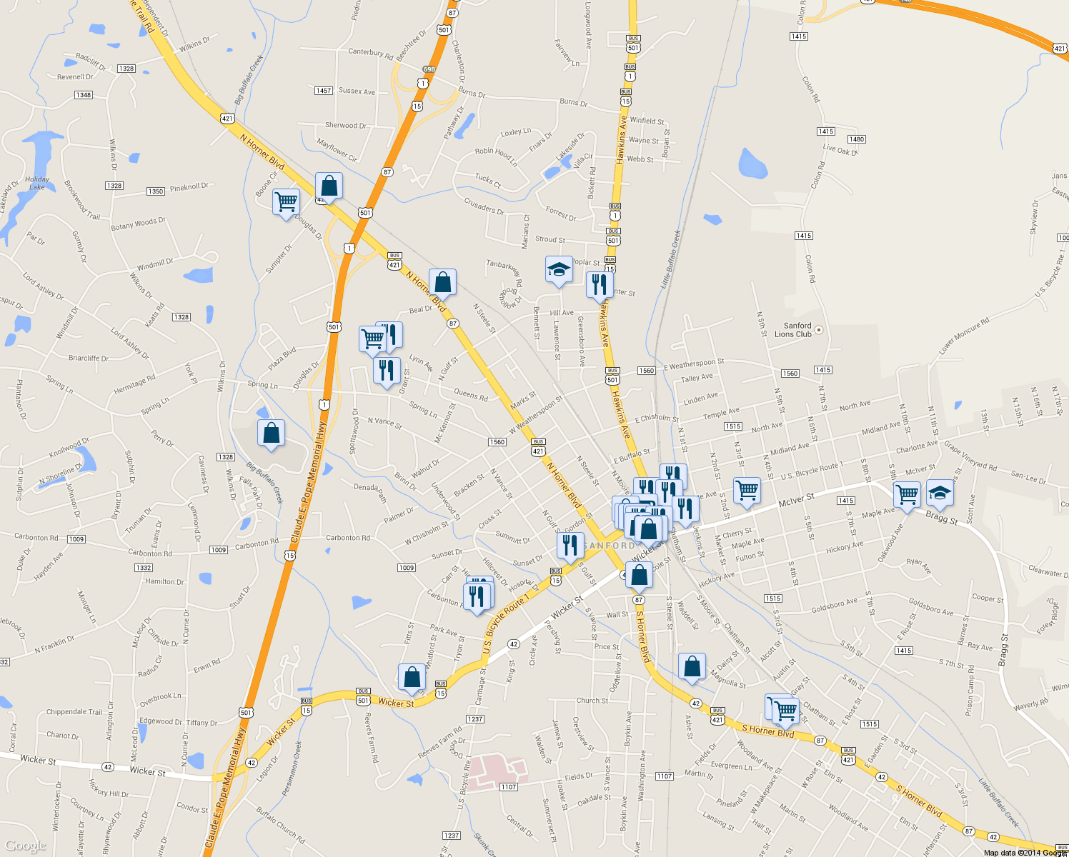 map of restaurants, bars, coffee shops, grocery stores, and more near 500 North Horner Boulevard in Sanford
