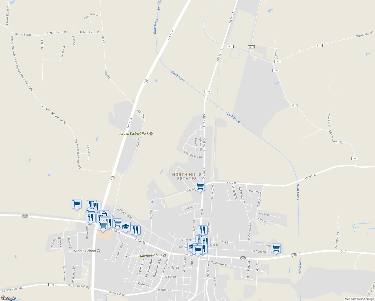 map of restaurants, bars, coffee shops, grocery stores, and more near 3709 Scenic Court in Ayden