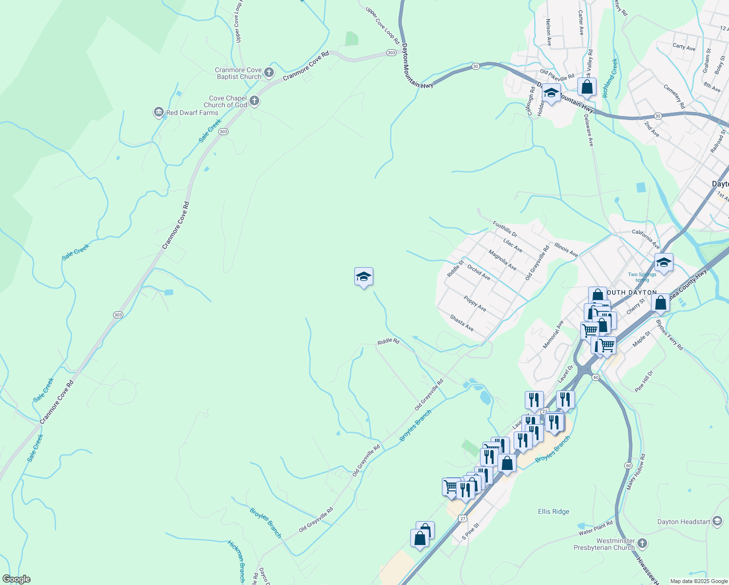 map of restaurants, bars, coffee shops, grocery stores, and more near in Dayton