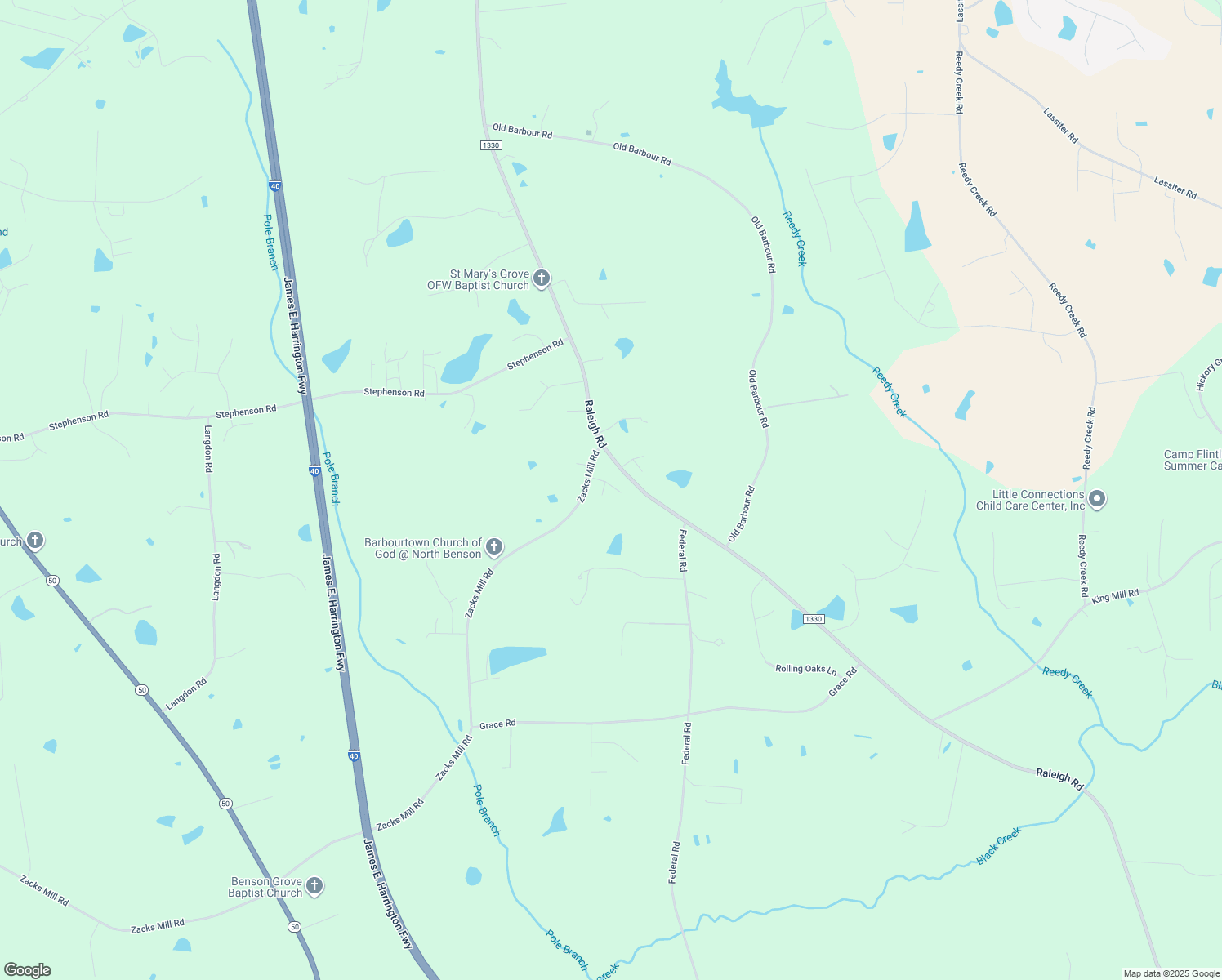 map of restaurants, bars, coffee shops, grocery stores, and more near 8676 Raleigh Road in Benson
