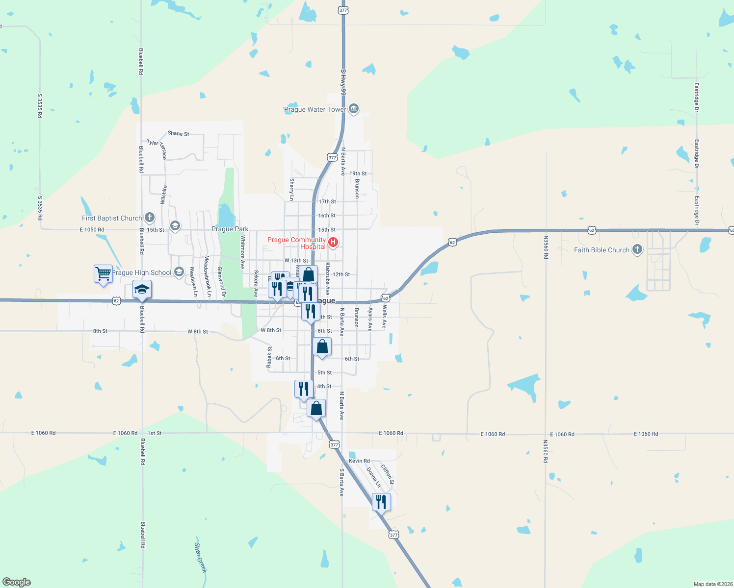 map of restaurants, bars, coffee shops, grocery stores, and more near 1015 Ayars Avenue in Prague