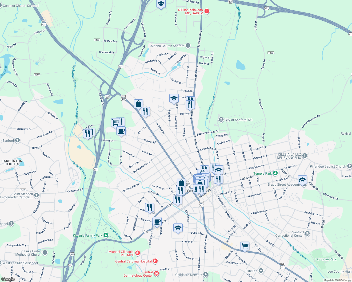 map of restaurants, bars, coffee shops, grocery stores, and more near 102 West Weatherspoon Street in Sanford