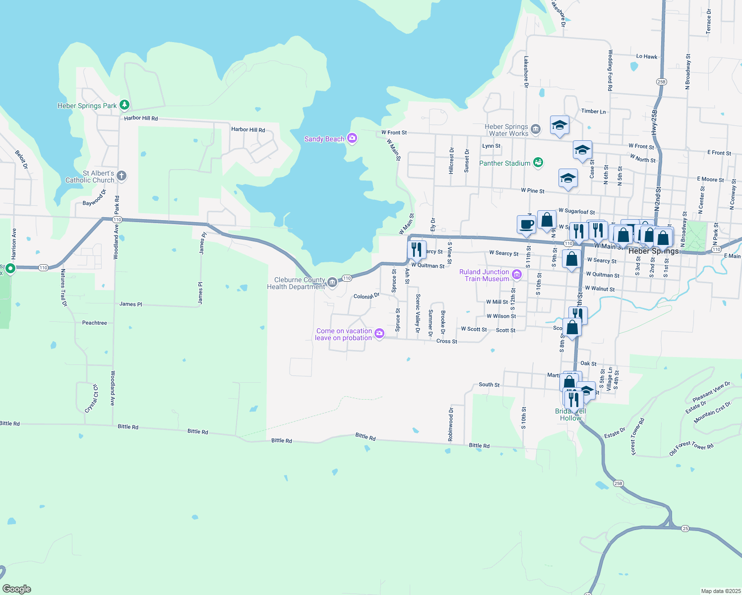 map of restaurants, bars, coffee shops, grocery stores, and more near 2209 Colonial Drive in Heber Springs