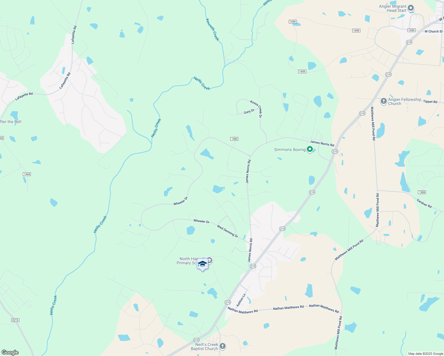map of restaurants, bars, coffee shops, grocery stores, and more near 205 Twin Oak Drive in Angier