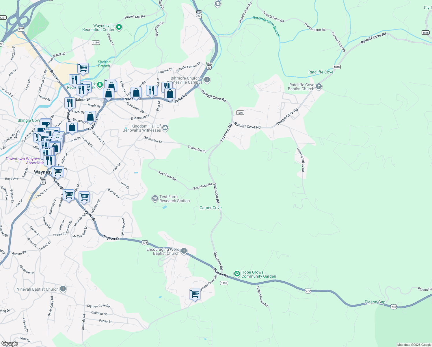 map of restaurants, bars, coffee shops, grocery stores, and more near 190 John Morrow Road in Waynesville