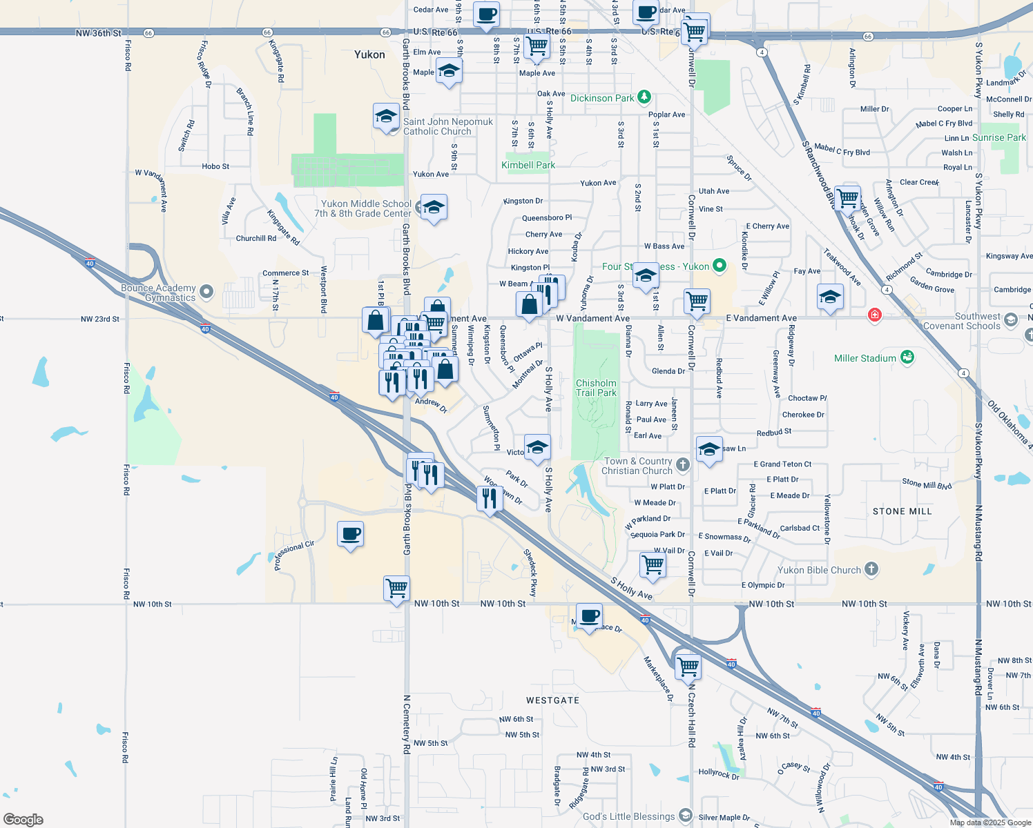 map of restaurants, bars, coffee shops, grocery stores, and more near 804 John F Kroutil Dr in Yukon