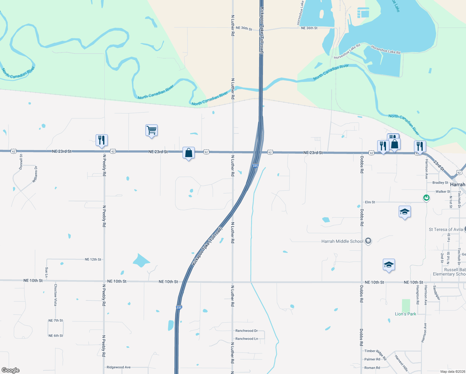 map of restaurants, bars, coffee shops, grocery stores, and more near 2052 North Luther Road in Harrah