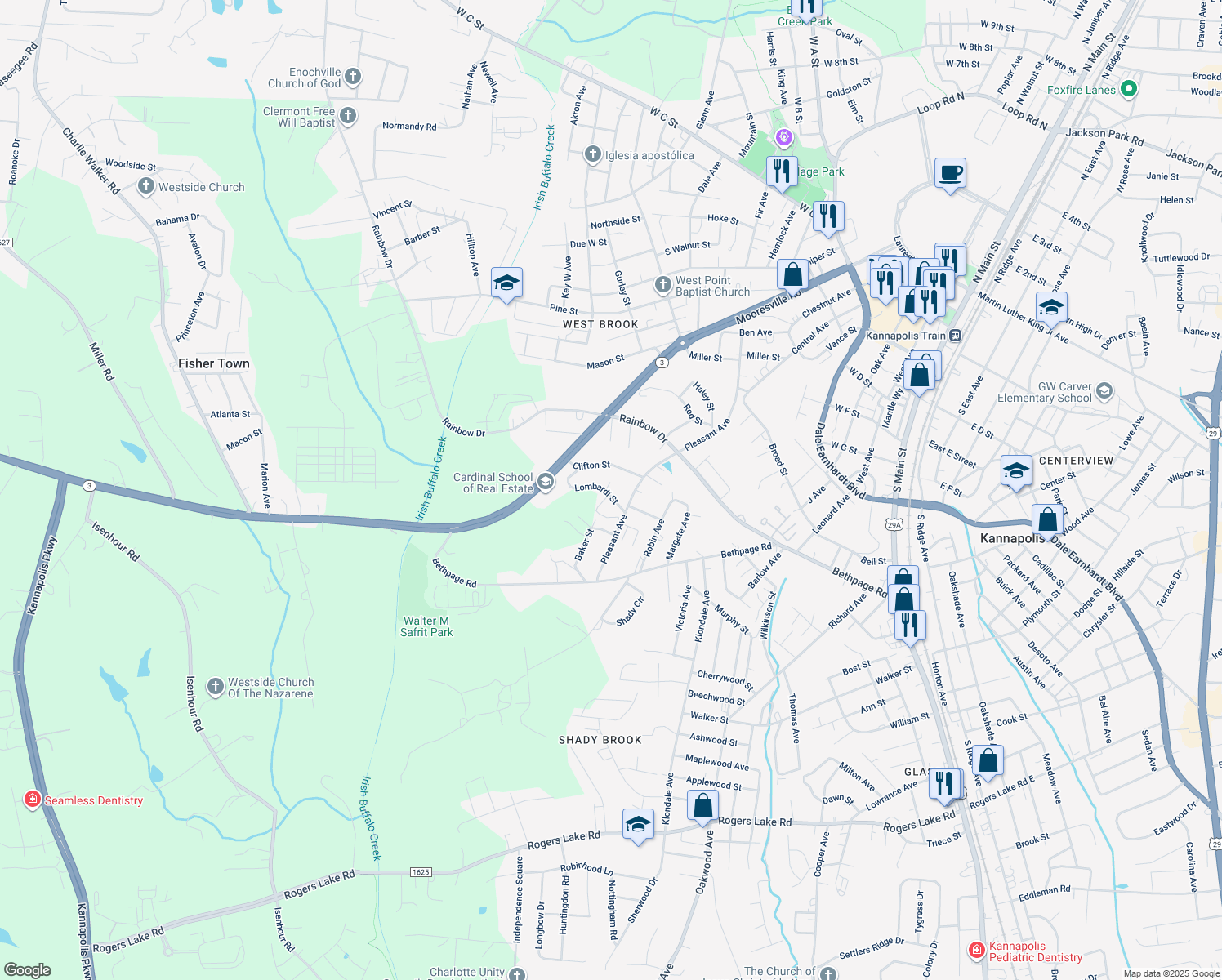map of restaurants, bars, coffee shops, grocery stores, and more near 1180 Lombardi Street in Kannapolis